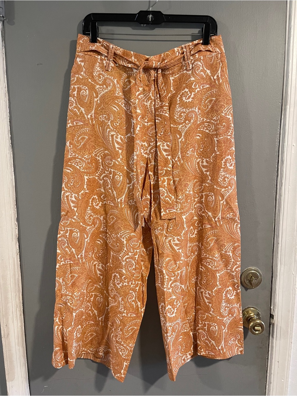 Sigrid Olsen Womens Orange Paisley Linen Blend Wide Leg Crop Pants Tie Waist L